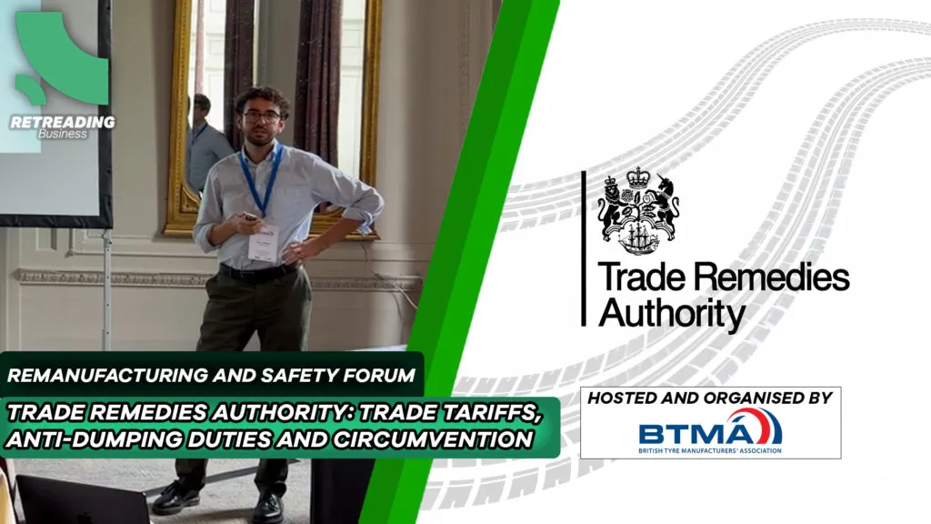 BTMA Remanufacturing and Safety Forum presentation title slide featuring Trade Remedies Authority: Trade Tariffs, Anti-Dumping Duties and Circumvention
